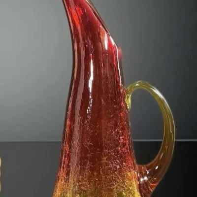1960s Amberina Crackle Swung Glass Pitcher – 14", Glows Under UV