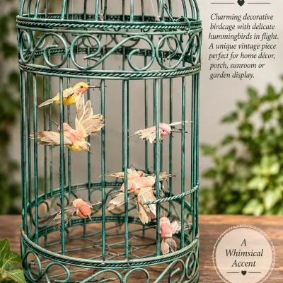 Decorative Teal Metal Birdcage with Hummingbirds