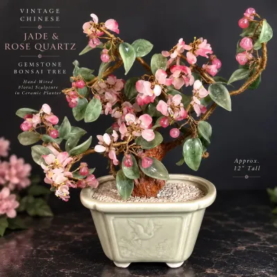 Chinese Rose Quartz & Jade Gemstone Bonsai Tree
