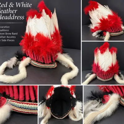 Red & White Feather Headdress with Fur & Woven Brow Band