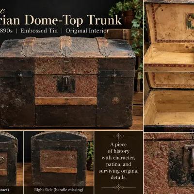 Antique 1890s Victorian Embossed Tin Dome-Top Trunk – Original Tray & Paper