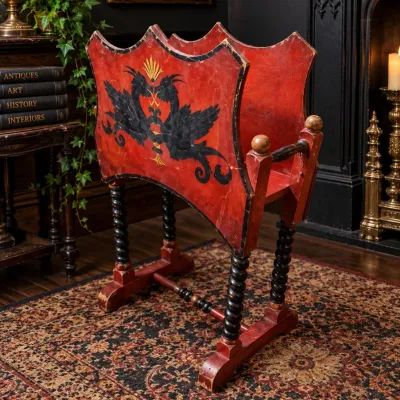 Victorian Gothic Tole-Painted Shield-Shaped Record / Magazine Rack