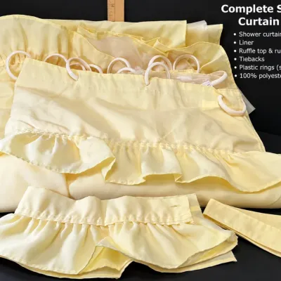 Pale Yellow Ruffled Shower Curtain Set with Liner, Rings & Tiebacks
