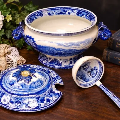 Antique Stanley Pottery Touraine Flow Blue Soup Tureen with Ladle
