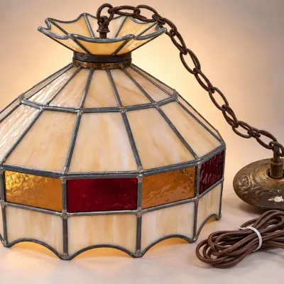 Sale Photo Thumbnail #335: Stained Glass Hanging Swag Lamp - Cream, Red & Amber Panels, Brass Canopy