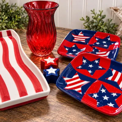 Sale Photo Thumbnail #336: Patriotic Red White & Blue Serving Lot - Star Plates, Striped Tray, Vase & Shakers