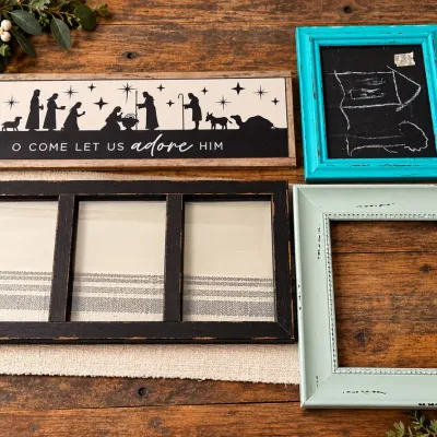Sale Photo Thumbnail #365: 4 Pc Farmhouse Wall Decor - Nativity Sign, Chalkboard & Photo Frames