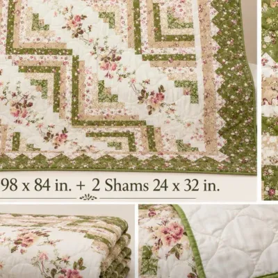 Shabby Chic Pink & Sage Patchwork Quilt Set with 2 Shams
