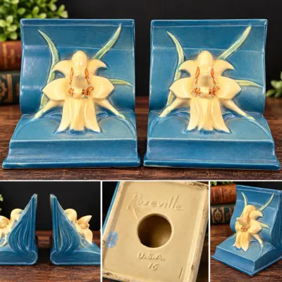 1940s Roseville Zephyr Lily Bermuda Blue Bookends - Pair #16