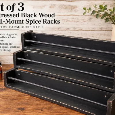 Set of 3 Distressed Black Farmhouse Wall-Mount Spice Racks