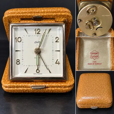 Vintage German Wind-Up Travel Alarm Clock in Leather Case