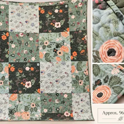 Floral Patchwork Quilt – Green, Charcoal & Coral, 96" x 92"