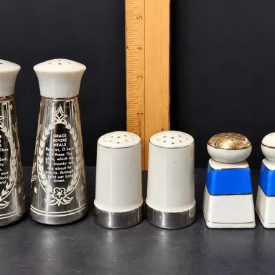 Sale Photo Thumbnail #357: 3 Pair Salt & Pepper Shakers - Grace Prayer, Blue & White Ceramic - 6 Pc Lot