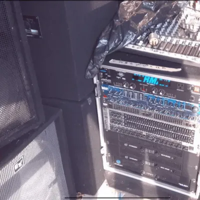 Complete Stage Sound System in Rack – Tops, Bottoms, Stage Monitors & Crate of Cables