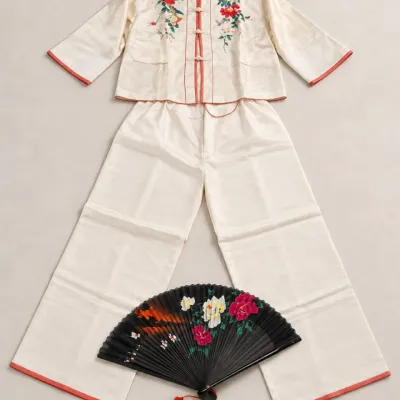Asian Silk 2-Pc Outfit – Embroidered Birds & Florals with Fan