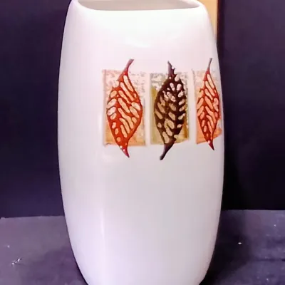 Mid-Century Style White Ceramic Vase with Autumn Leaves – 10"