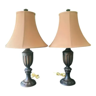 Wood Lamp Pair With Cloth Shades 