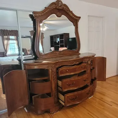 Large Ornate Wood Dresser with Mirror 