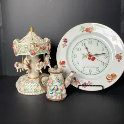 Musical Horse Carousel, Musical Floral Teapot Figure And Royal Worcester Fruit Clock