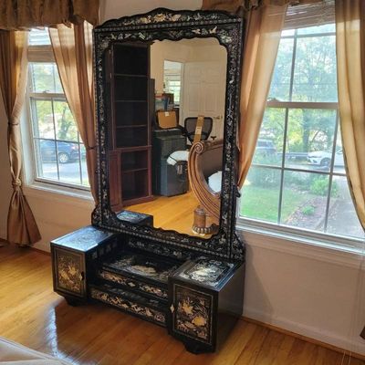  02 Korean Mother of Pearl Inlay Lacquer Dressing Table w- Mirror