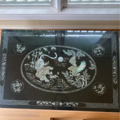 Vintage Korean Black Lacquer Coffee Table Mother-of-Pearl Inlay