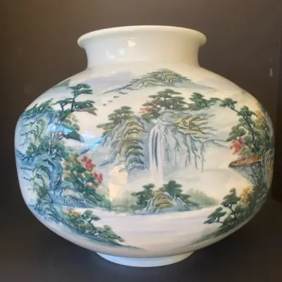 Large Asian Landscape Pottery Vase 12" H x 14" W