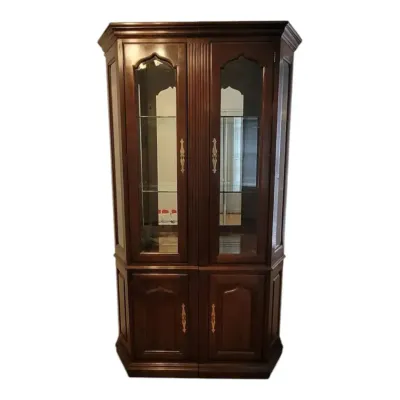 Set of 2 Lighted Curio Cabinets, Cherry Wood 