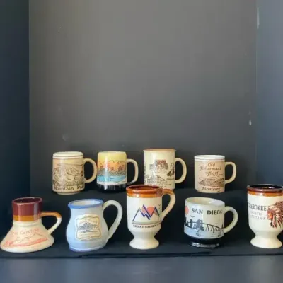 Retro Travel Mug Lot - Deneen Michie Tavern, VA, Mount Vernon, San Fran. MORE