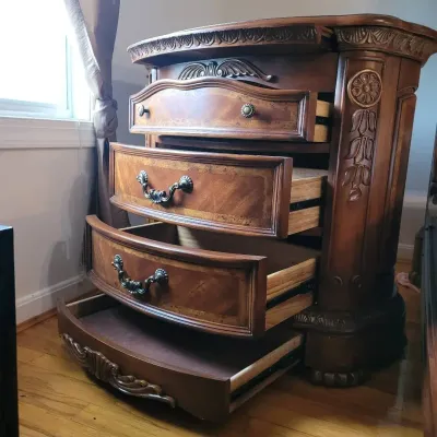 Solid Wood Chest of Drawers - Carved Details, Stone Inlay Top
