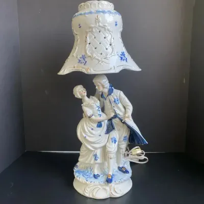 Vintage Blue White Porcelain Lamp and Shade - Colonial Couple