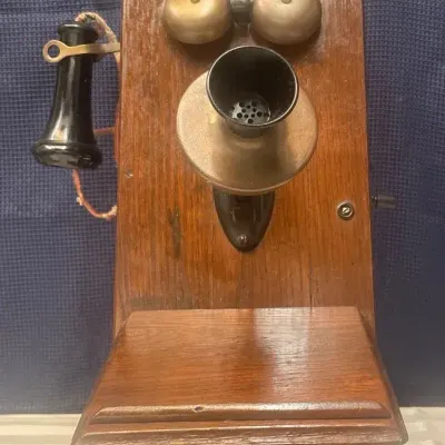 Vintage Wooden Wall Telephone with Brass Bells & Handset