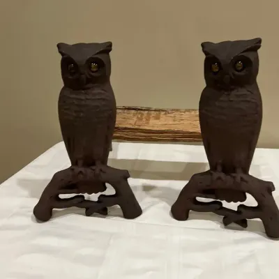 Pair of Antique Cast Iron Fireplace Andirons with Glass Eyes