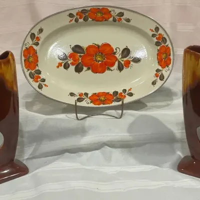 Vintage Floral Serving Platter with Pair of Mid-Century Ceramic Vases