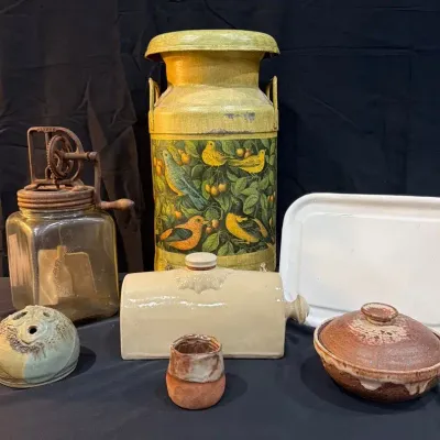 Vintage Kitchen And Studio Pottery Collection-Butter Churn, Milk Can, Stoneware And Enamelware 