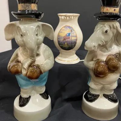 Vintage 1960 Jim Beam Political Decanters with Thomas Kinkade Accent Lamp 