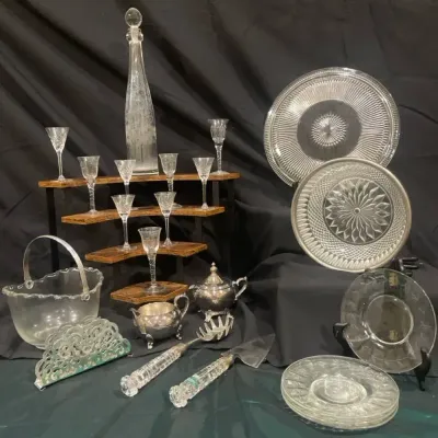Vintage Crystal & Glass Entertaining Collection with Decanter, Cordials, Serving Pieces & Silver-Ton