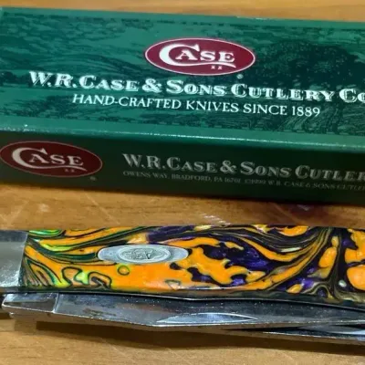 W.R. Case & Sons Cutlery Co. Case XX folding pocket knife featuring striking multicolor patterned ha