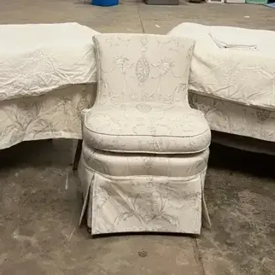 Two Sets Of Custom Linens For Twin Beds And A Matching Dressing Chair