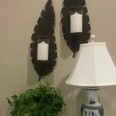Blue & White Porcelain Table Lamp with Pair of Black Leaf Wall Candle Sconces