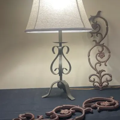 Rustic Wrought Iron Table Lamp with Decorative Scrollwork Wall Accent