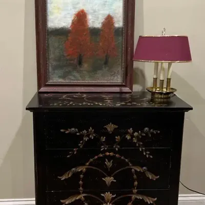 Vintage Chinoiserie 3 Drawer Chest, Original Painting and Small Lamp