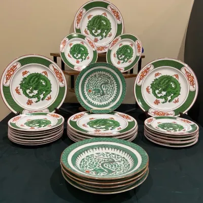 Vintage Fitz and Floyd and Chinese Green Dragon Porcelain Dinnerware Collection