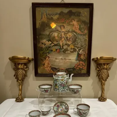Antique Marriage Certificate, Pair of Gilt Pineapple Wall Brackets, & Chinese Rose Medallion Tea Set