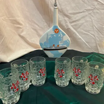 Vintage Harold Club Ceramic Decanter & Set of 6 Beck’s Beer Mugs