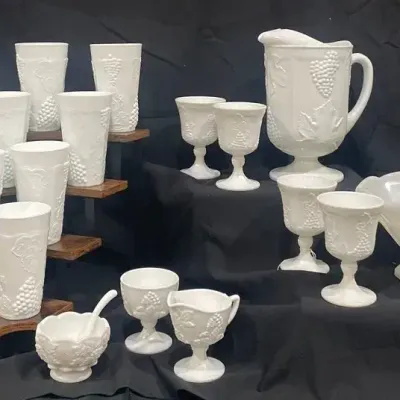 Vintage White Milk Glass Grape Pattern Drinkware & Serving Collection