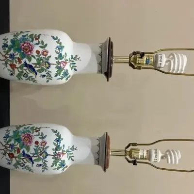 Pair of Asian Porcelain Floral and Bird Vase Table Lamps