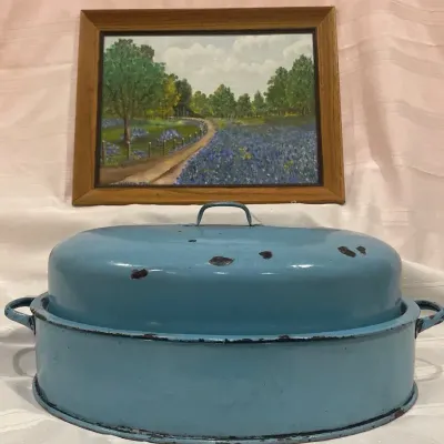 Vintage Blue Enamel Roaster with Lid & Framed Bluebonnet Landscape Painting