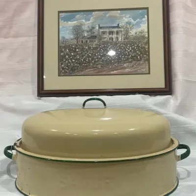 Vintage Cream & Green Enamel Roaster with Framed Cotton Field Plantation Scene