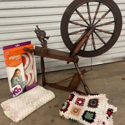 Vintage Wooden Spinning Wheel with Afghan Loom & Handmade Crochet Blankets