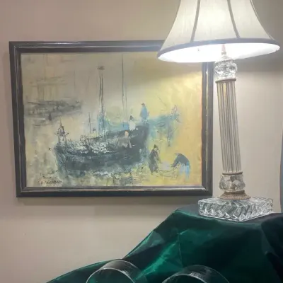 Clear Glass Bakeware, Decorative Glass Table Lamp & Framed Harbor Artwork